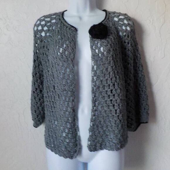 Handmade Crochet Boho Cardigan Fits Medium Gray Metallic Knit and Black Rose - Picture 2 of 7